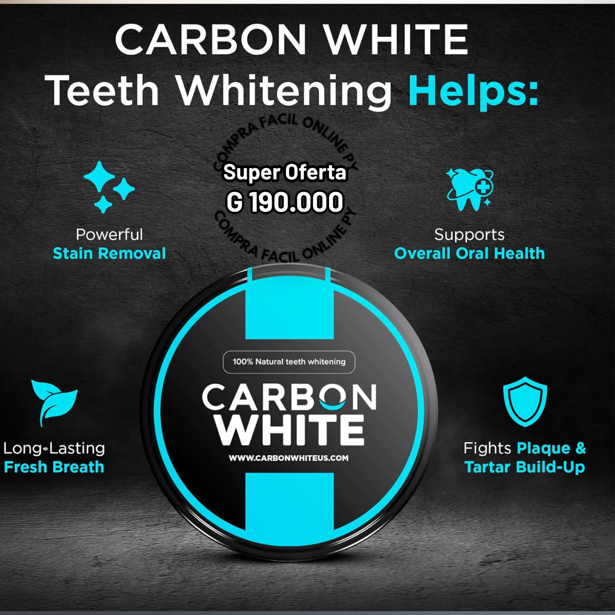 CARBON WHITE BLANQUEDOR DENTAL!¡Aprovecha la promoción y paga menos! Llevando 2 productos, recibes G 40.000 de descuento. ¡Últimas unidades, no te quedes sin el tuyo!